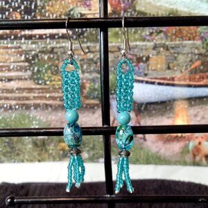 Hand Crafted Turquoise Beaded Tassel Earrings